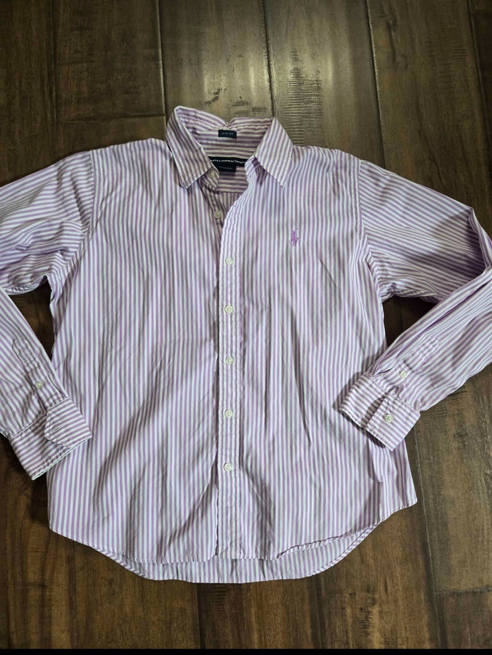 Polo by Ralph Lauren Women’s Purple and White Striped Button-Down Shirt. Size 14